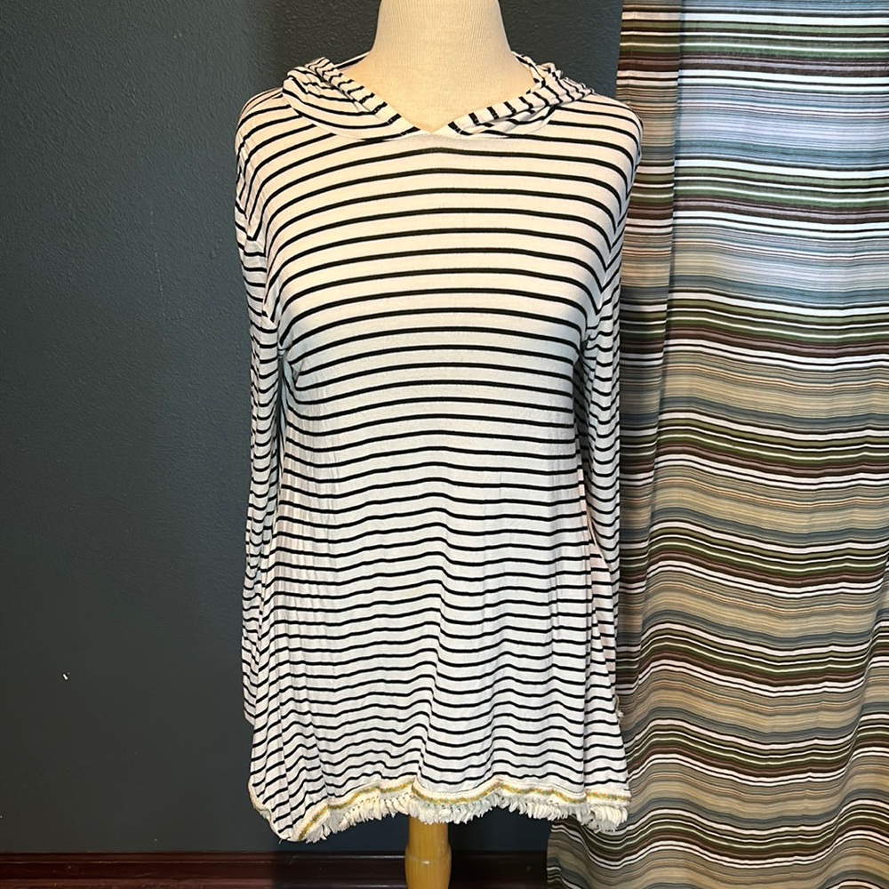 Flamingo Urban White with Navy strip - hooded long sleeve with hem detail